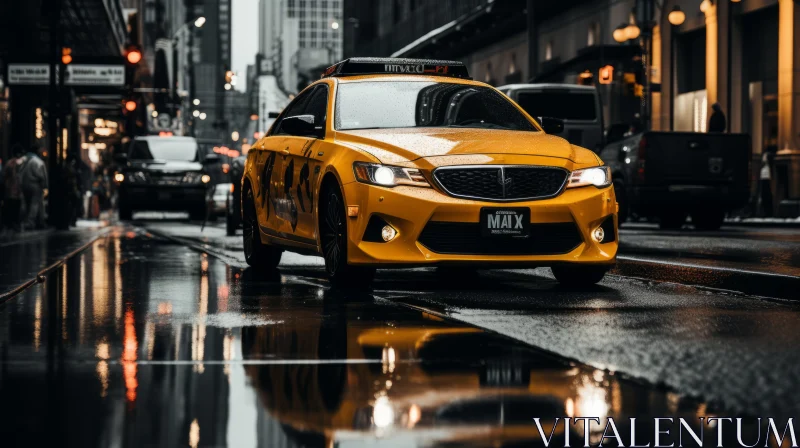 New York City Taxi on Rainy Street - Monochrome Artistic Representation AI Image