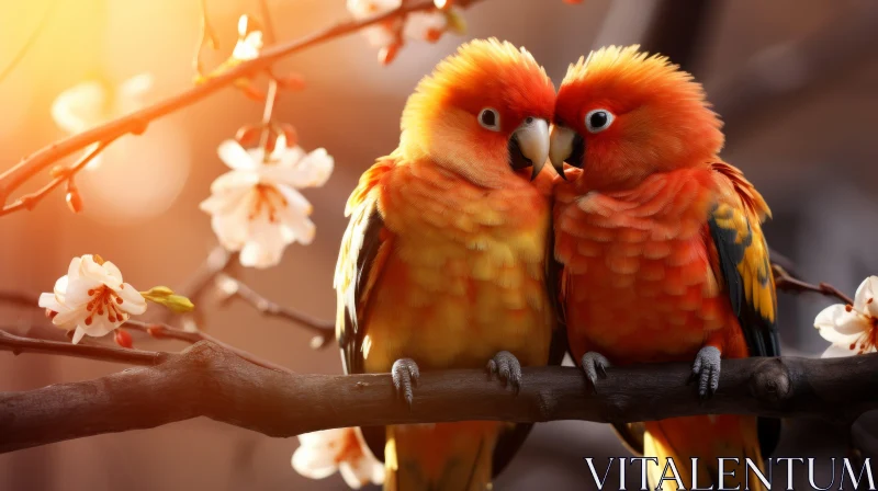 Romantic Scene of Two Birds Perched on a Floral Branch AI Image