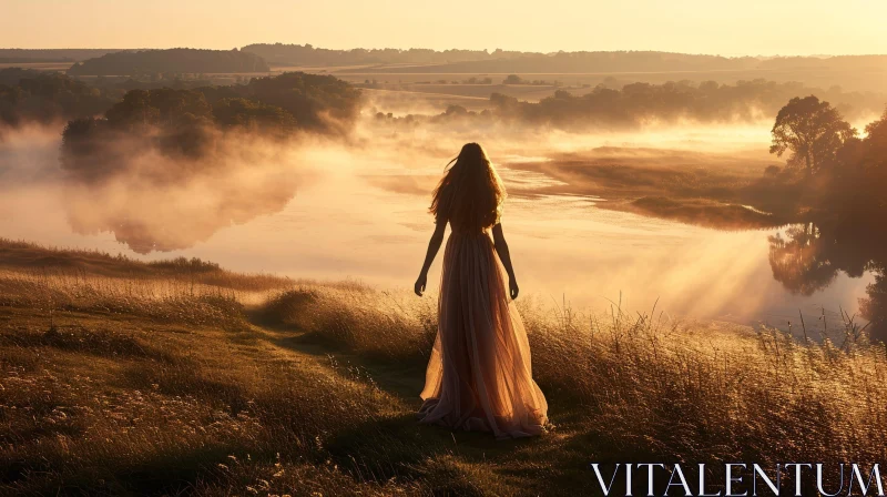 Woman in Pink Dress on Hill, Admiring Sunrise over Serene Lake AI Image