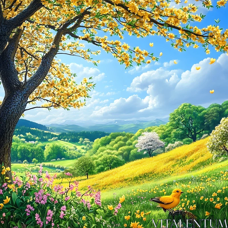 AI ART Peaceful Meadow Scene with Yellow Bird