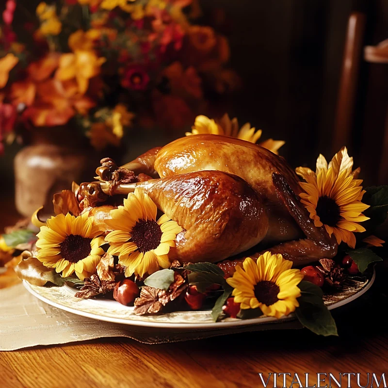 Roasted Turkey with Sunflowers for Thanksgiving AI Image