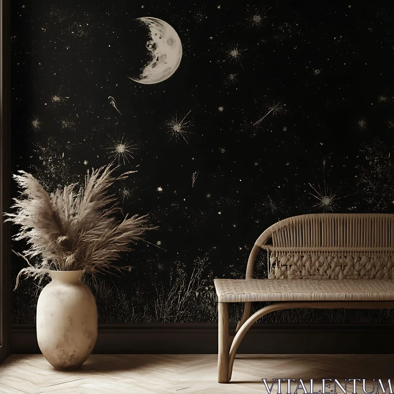 AI ART Moonlit Room with Vase and Bench