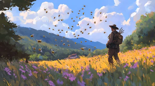 Man and Bees in a Field