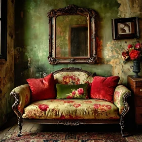 Ornate Interior with Floral Sofa and Mirror