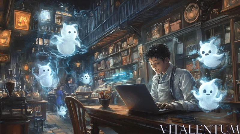 AI ART Vintage Library With Ghostly Companions