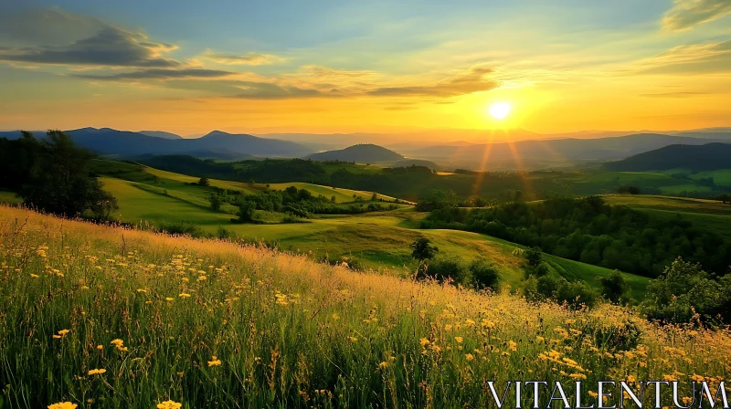 Golden Sunset Landscape with Flower Field AI Image