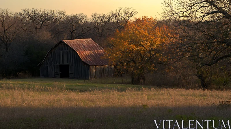 Old Barn in a Field at Sunset AI Image