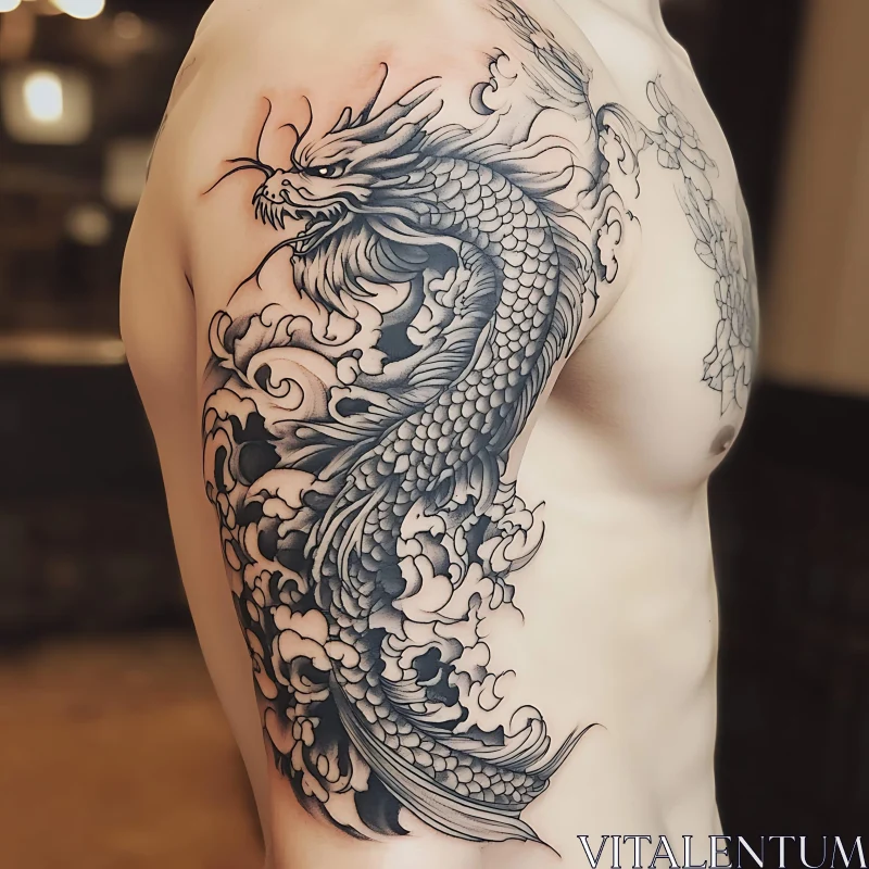 Detailed Dragon Arm Tattoo in Black and Grey AI Image