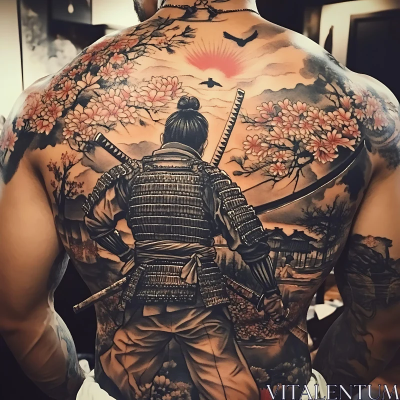 Japanese Warrior Tattoo with Floral Background AI Image