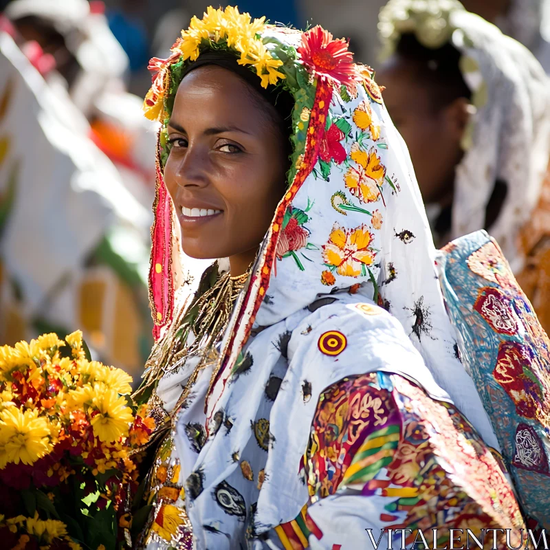 Portrait of Woman with Flowers and Traditional Clothing AI Image