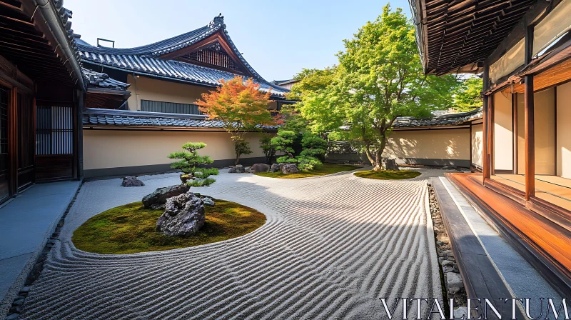 Tranquil Japanese Garden with Raked Sand AI Image