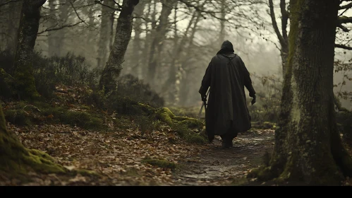 Hooded Wanderer in Misty Woodland