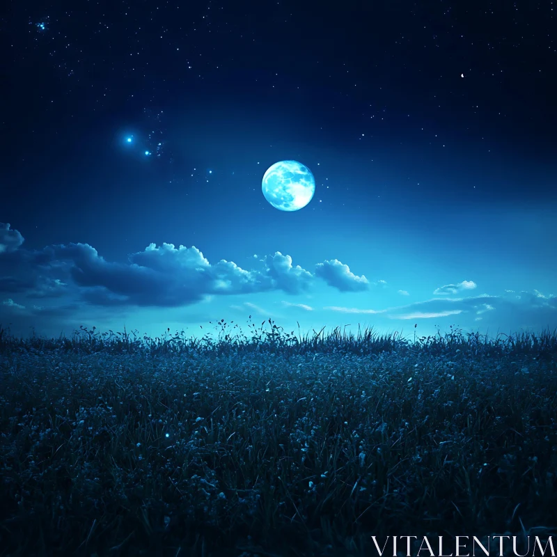 AI ART Nocturnal Field with Moon and Stars