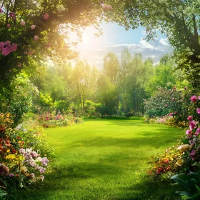 Sunlit Lawn Surrounded by Flowers and Trees