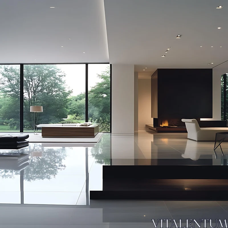 Sleek Interior with Nature View and Fireplace AI Image