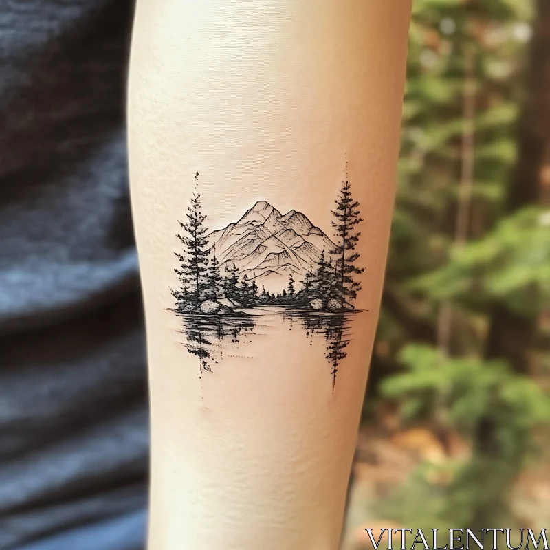 Mountain and Pine Trees Tattoo Design AI Image