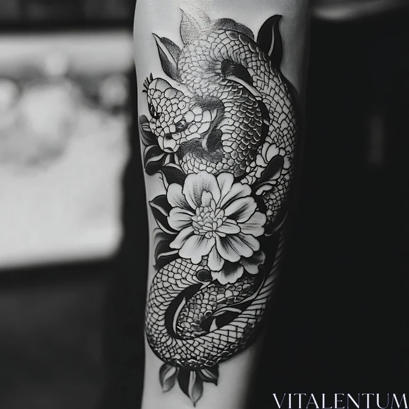 Dragon and Flower Arm Tattoo in Black and White AI Image