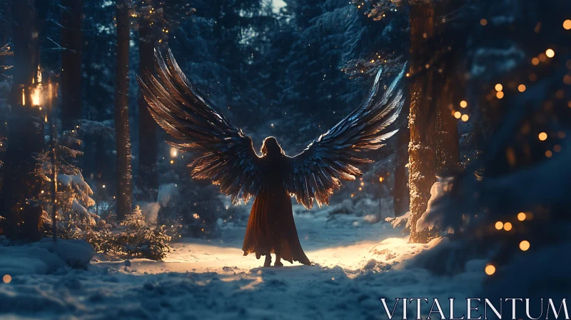 Winged Figure in Snowy Woods AI Image