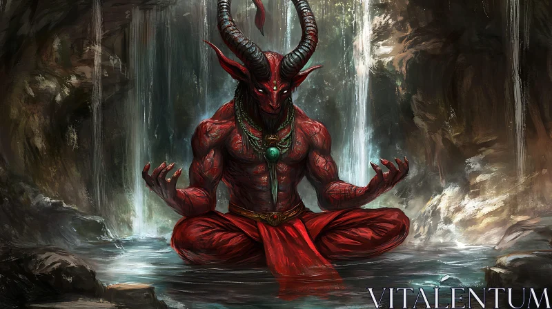 AI ART Serene Demon in Waterfall Meditation