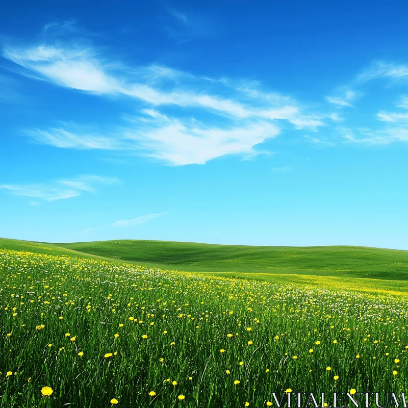 Yellow Flowers in Green Meadow AI Image