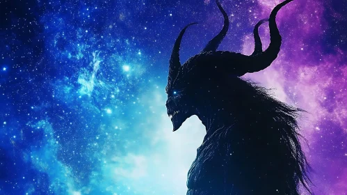 Silhouette of a Horned Demon in Space