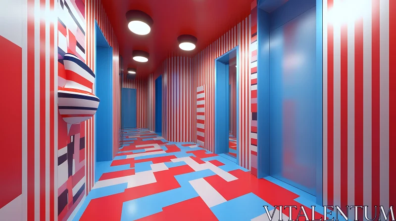 AI ART Red and White Hallway with Blue Accents