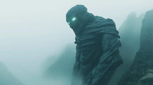 Ancient Stone Guardian in Foggy Realm