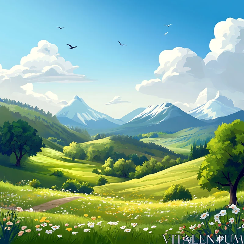 AI ART Green Hills and Snow Mountains