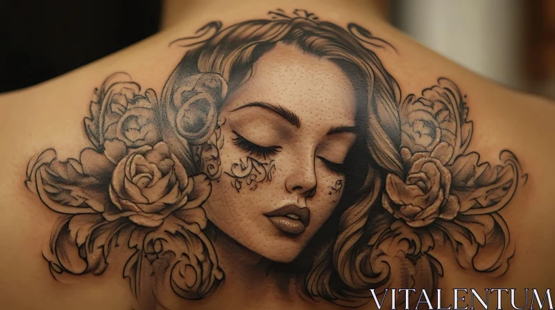 Intricate Black and Grey Floral Woman Portrait Tattoo AI Image