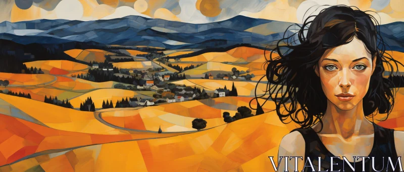 Woman Overlooking Golden Fields Painting AI Image