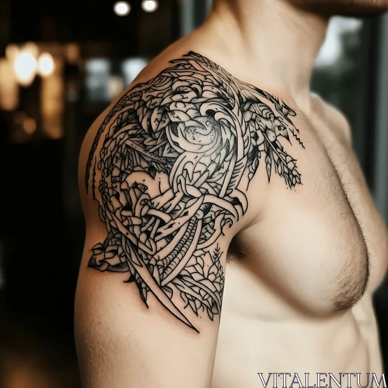 Elaborate Shoulder Blackwork Tattoo Design AI Image