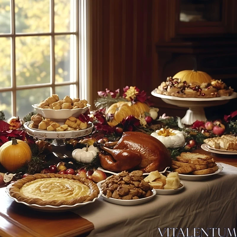 Abundant Thanksgiving Table with Roasted Turkey AI Image