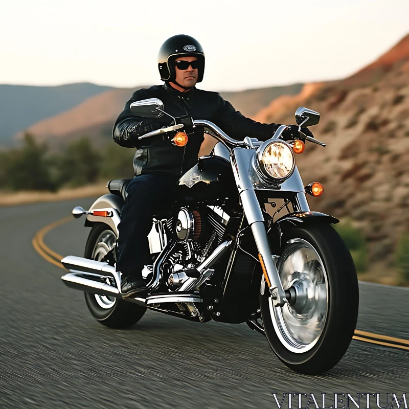 Man on Motorcycle on Winding Road AI Image