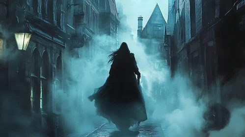 Cloaked Figure in Misty Alleyway