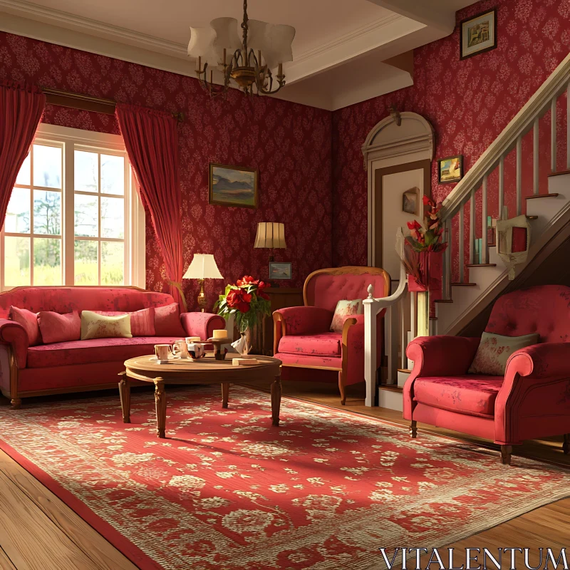 AI ART Classic Red Themed Living Room