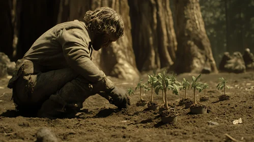 Man Planting Saplings in Forest