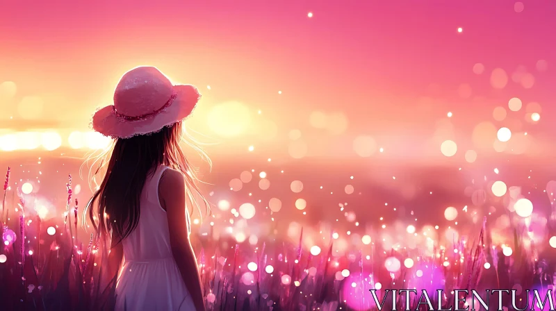 AI ART Pink Sunset View with Girl in Field