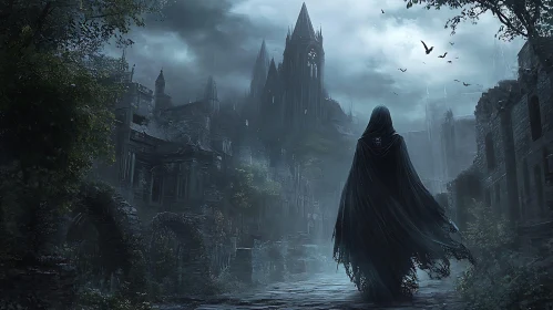 Dark Gothic Architecture with Cloaked Figure