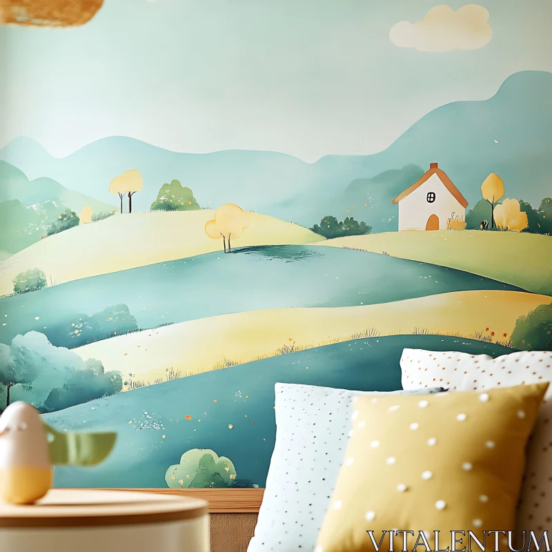 AI ART Rolling Hills and House in Serene Landscape