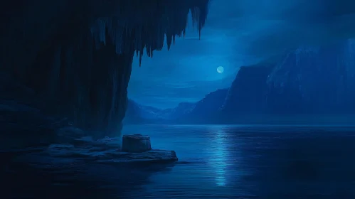 Mystical Moonlit Waterscape with Stalactite