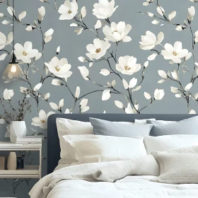 Bedroom with Magnolia Pattern Wallpaper