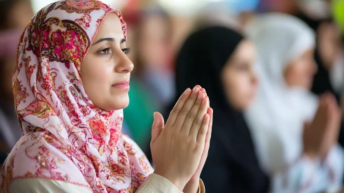 Woman in Prayer with Patterned Hijab