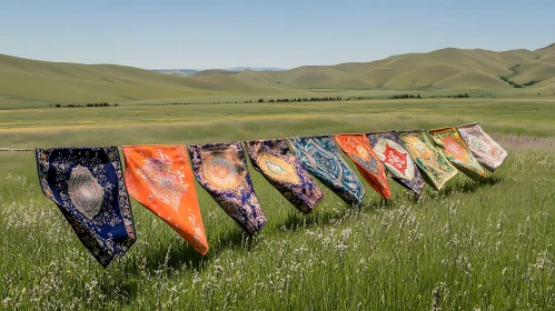 Colorful Fabric Art in a Green Meadow