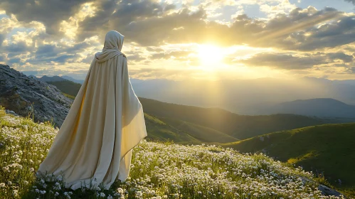 Figure in White Robe at Sunrise