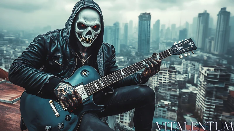 AI ART Rooftop Guitarist in Skull Mask