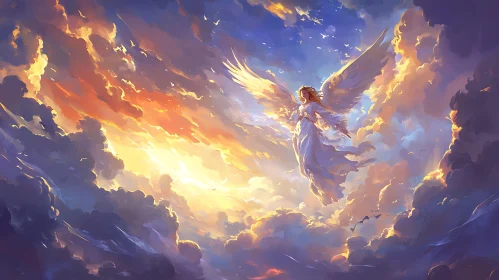 Celestial Angel Soaring Through Golden Clouds