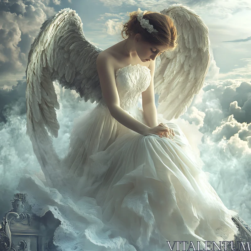 Angel in White Dress Among Clouds AI Image