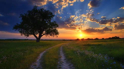 Golden Hour Field with Tree