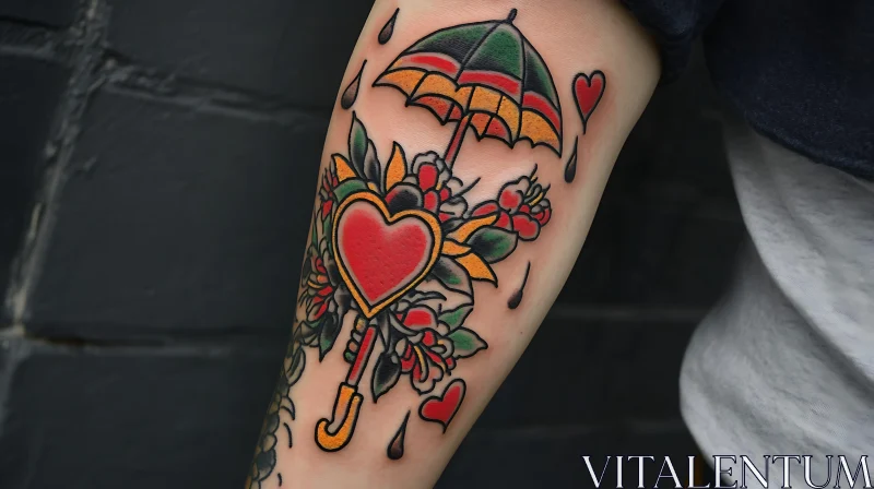 Heart and Flower Tattoo with Umbrella Design AI Image