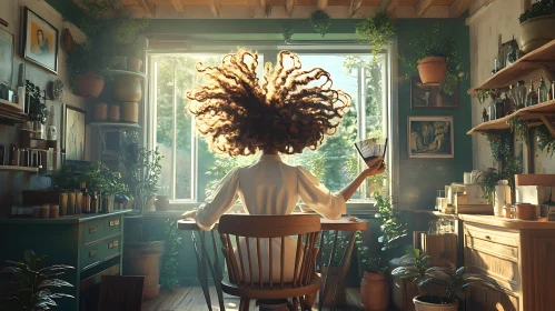 Woman in Sunlit Room with Indoor Plants